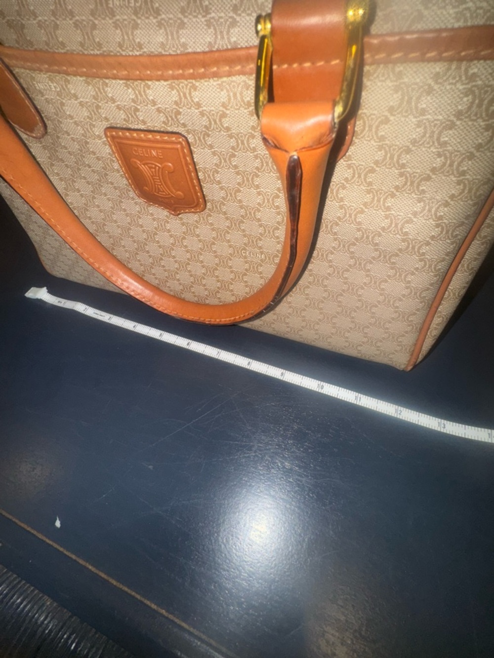 Celine Beige Monogram Macadam Boston Bag with Tan Leather Trim - Picture 14 of 16